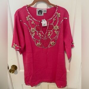 Storybook Knits hot Pink Embellished short sleeve Tunic Top 1X. NWT